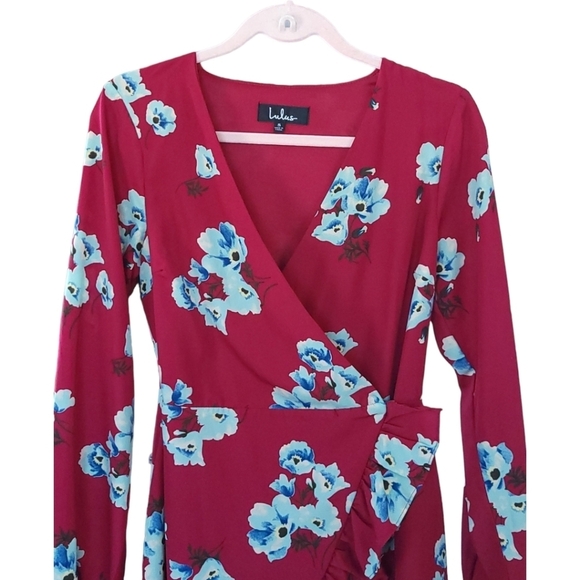 LULU'S Fascinating Fun Burgundy Floral Print Long Sleeve Wrap Dress Sz S - Picture 5 of 10